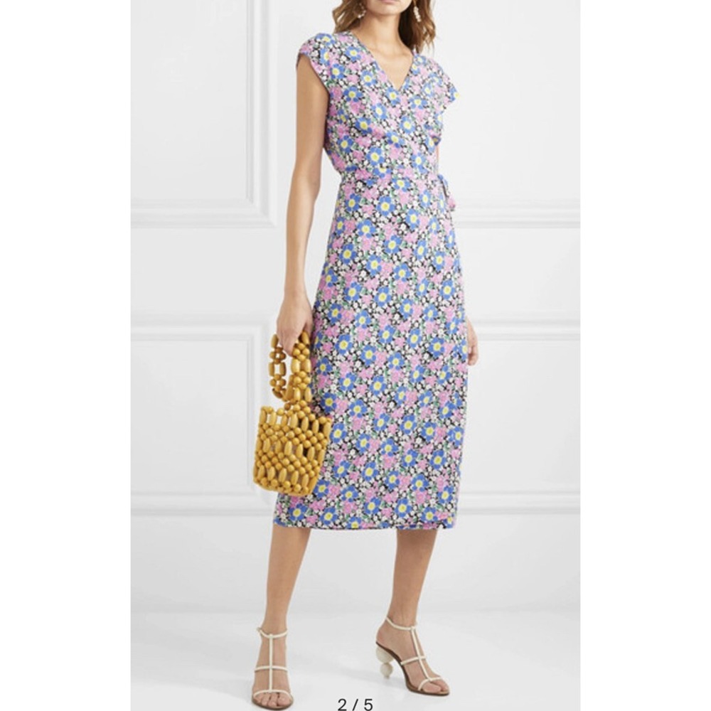 J.Crew Fabrizia Ditsy Floral Wrap Midi Dress Blue Pink XS Retro Sundress